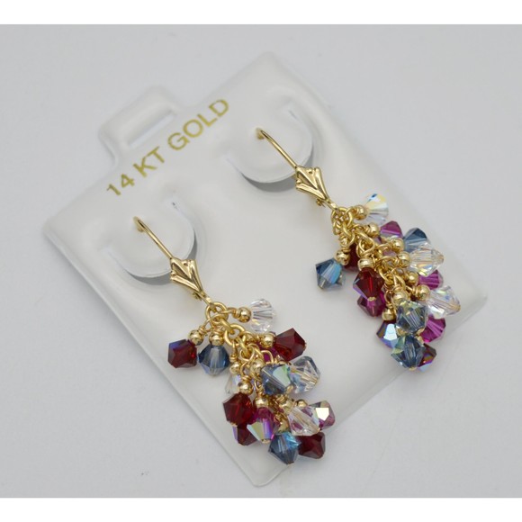 Real 14k Solid Gold Leverback Made/w Multicolor Swarovski Crystal Grape Earrings